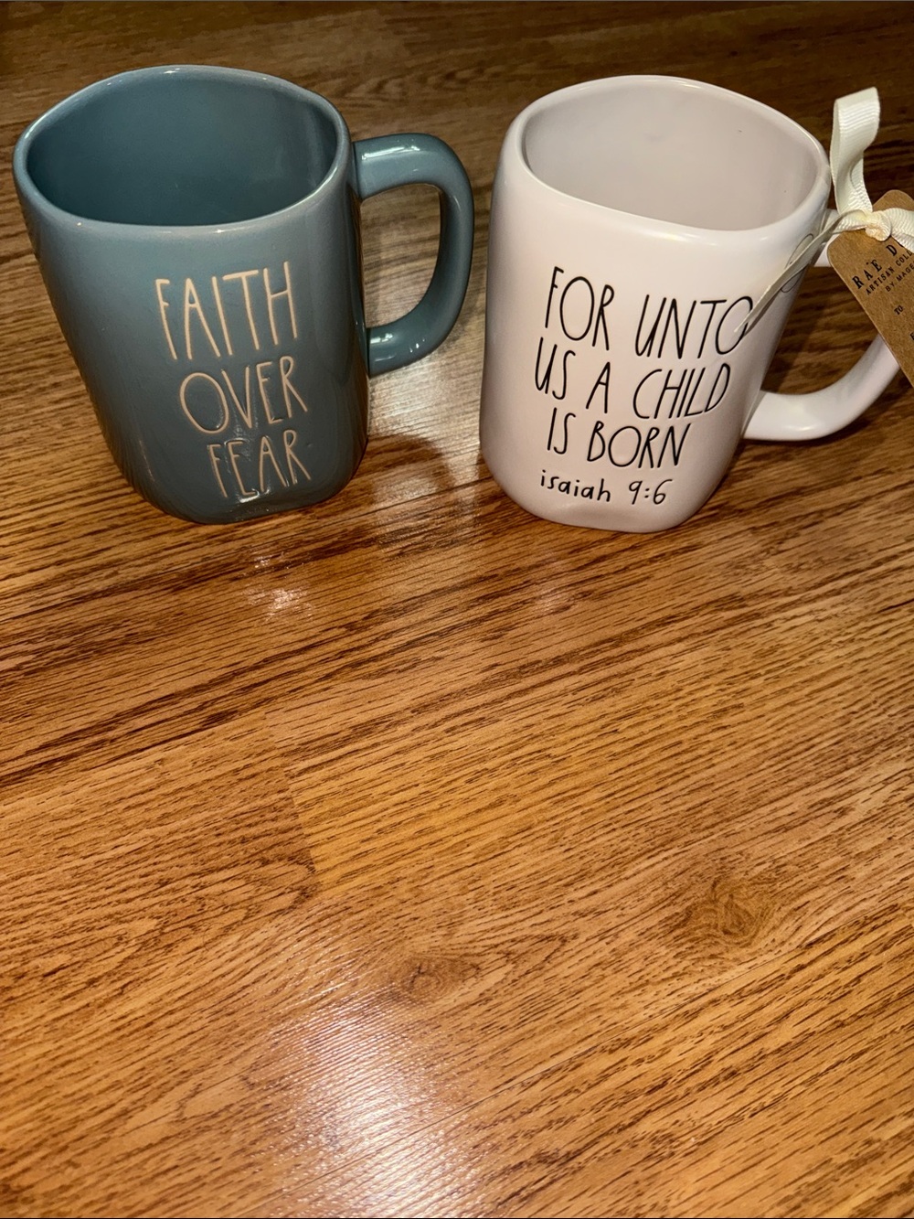 Religious Rae Dunn set of 2 coffee tea mugs cups faith over fear blue